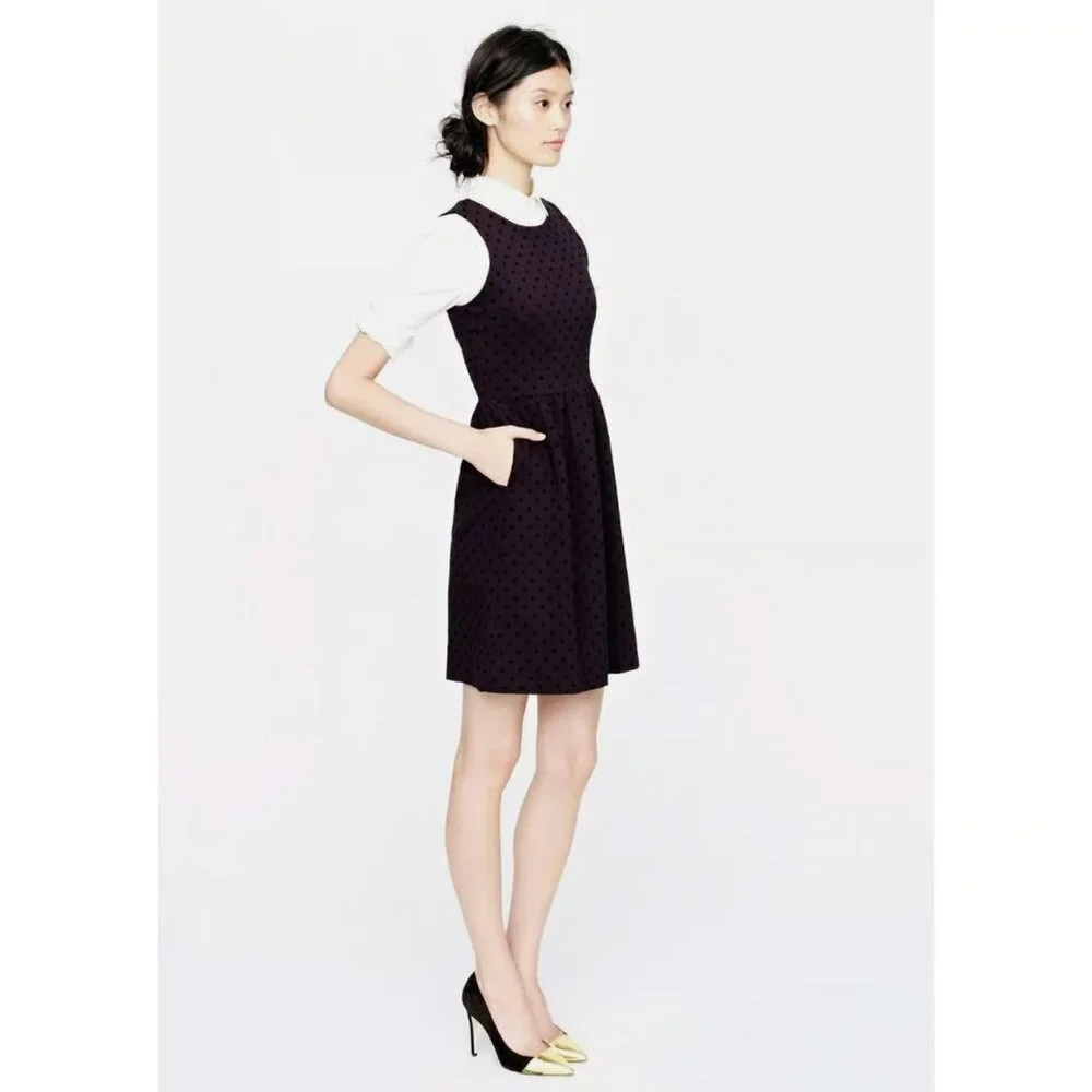NWOT J.Crew Ponte Fit and Flare Polka Dot Velvet Dress Black Size XS